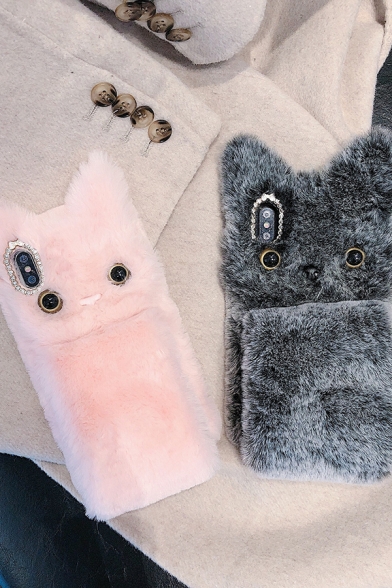 Girls Cute Cat Pattern Solid Color Fur Fluffy Phone Case with Wrist Strap for iPhone