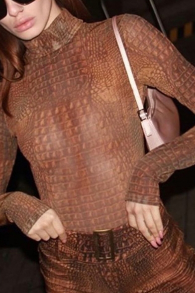 Girls' Hot Trendy Long Sleeve High Neck Snake Tight Bodysuit in Brown