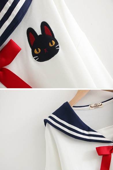 Girls Leisure Embroidery Black Cat Print Sailor Collar Bow Front Long Sleeve Loose Sweatshirt