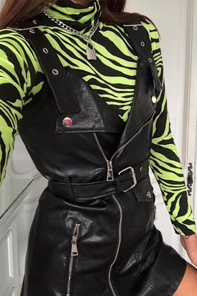 Girls' Street Fashion Long Sleeve High Neck Zebra Pattern Slim Bodysuit