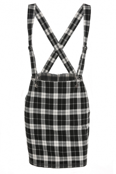 Girls' Stylish Trendy High Waist Plaid Print Zip Back Fit Short A-Line Suspender Skirt in Black