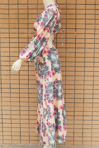 Gorgeous Beach Blouson Sleeve Deep V-Neck O-Ring Floral Print Hollow Out Bow Tie Back High Slit Side Maxi Flowy Dress in Apricot