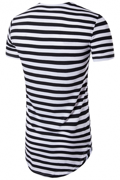 Hip Hop Stylish Stripes Pattern Short Sleeve Curved Hem Slim Fit Casual Longline T-Shirt