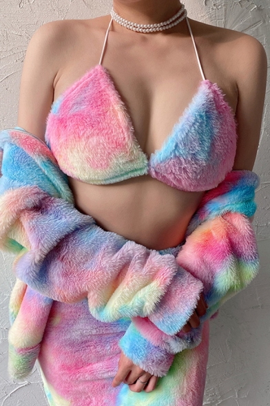 Hot Fancy Girls' Sleeveless Halter Tied Back Fluffy Pink Crop Bustier