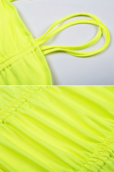 Ladies Sexy Plain Fluorescent Green Chic Spaghetti Straps Ruched Drawstring Front Mini Club Dress