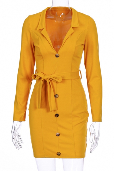 Ladies Simple Plain Lapel Collar Long Sleeve Button Up Tied Waist Mini Bodycon Dress