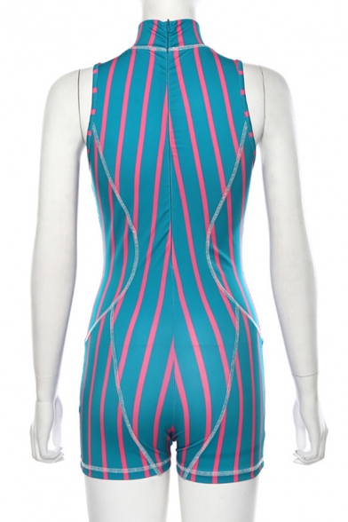 Ladies' Stylish Sleeveless Deep V-Neck Zip Front Stripe Print Contrast Stitch Reflective Skinny Shorts Rompers