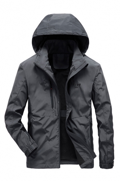 Mens Leisure Dark Gray Long Sleeve Zip Placket Slim Fit Track Jacket Hooded Workwear Coat