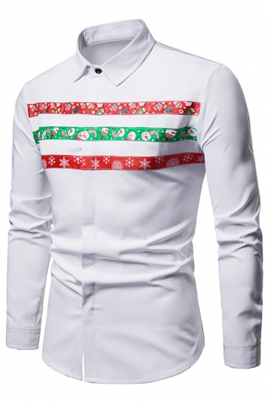 Mens Lovely Christmas Pattern Stripes Front Long Sleeve Button Up Fitted Shirt