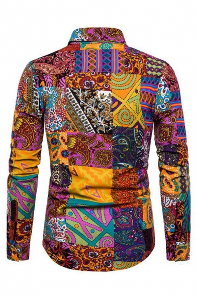 Mens Popular Cartoon Tribal Pattern Long Sleeve Button Up Slim Fit Colorful Shirt