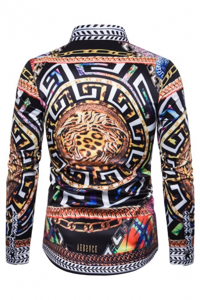 Mens Popular Tribal Leopard Chain Digital Print Turndown Collar Long Sleeve Fitted Shirt