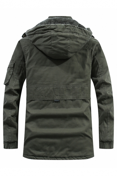 Mens Simple Plain Army Green Long Sleeve Zip Placket Tunic Casual Thick Work Jacket Hooded Coat