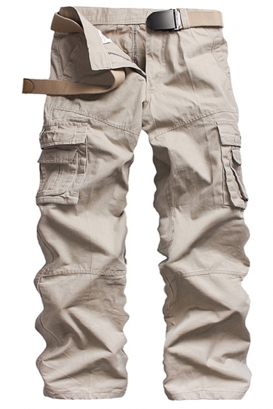 Mens Simple Plain Zip Placket Flap Pocket Straight Leg Pants Cotton Cargo Pants