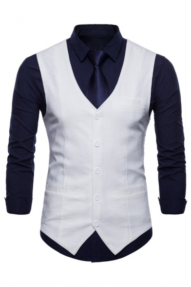 Mens Simple Single Breasted V-Neck Solid Color Slim Fitted Leisure Suit Vest Waistcoat