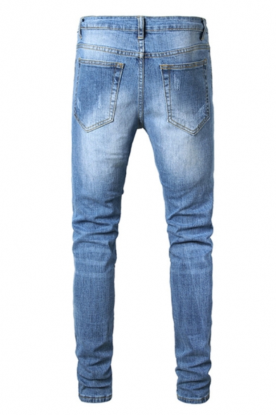 Mens Simple Streetwear Plain Zip Front Shredded Denim Pants