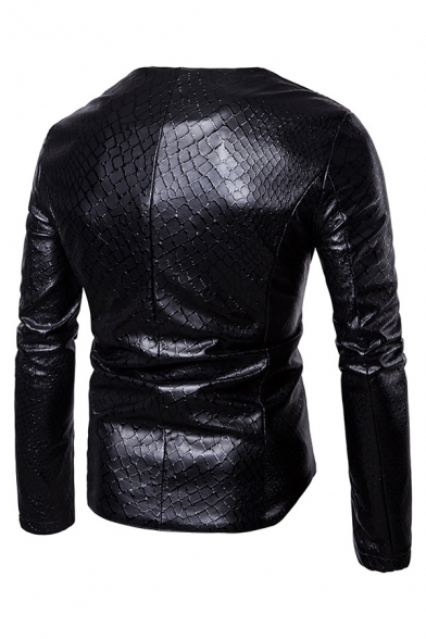 Mens Stylish Black Long Sleeve Button Front Casual Fitted PU Embossed Jacket