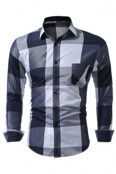 Mens Stylish Plaid Lattice Pattern Turndown Collar Patched Pocket Long Sleeve Button-Up Shirt