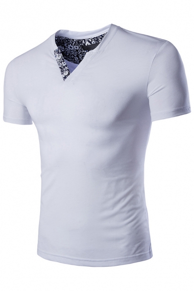 Mens Unique Floral Tape Panelled V-Neck Short Sleeve Slim Fitted Sports T-Shirt