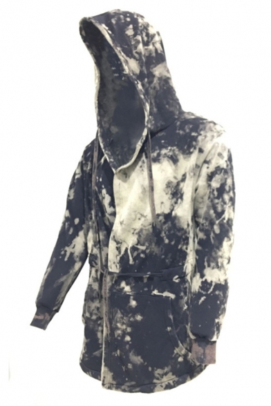 Mens Unique Tie Dye Long Sleeve Tied Front Hooded Cloak Coat Drawstring Hoodie with Pocket