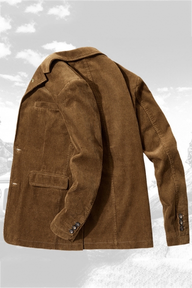 Mens Winter Fashionable Plain Coffee Flap Pocket Double Button Vintage Corduroy Suit