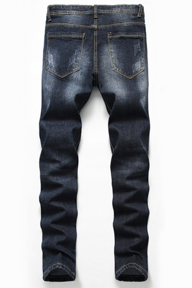 New Stylish Contrast Stitching Black Ripped Frayed Denim Pants Casual Jeans