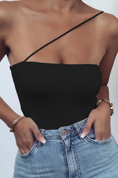 Plain Cool Sleeveless Oblique Shoulder Cotton Slim Fit Cami Bodysuit for Women