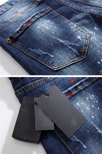 Simple Splatter Paint Letter Printed Button Placket Ripped Straight Fit Denim Pants