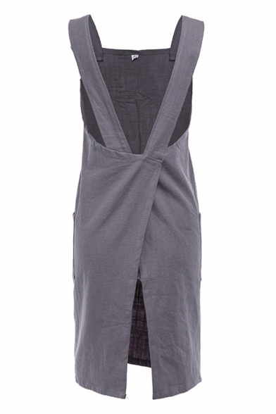 Simply Basic Women's Sleeveless Split Back Pocket Short Swing Jumper Dress in Grey