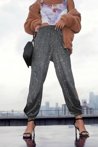 Sparkly Fancy Elastic Waist High Slit Side Sequined Cuffed Ankle Relaxed Fit Trousers for Girls