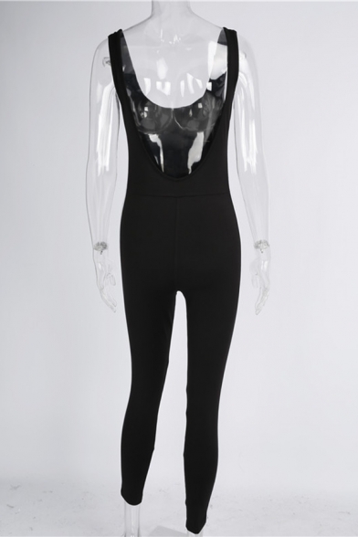 Sport Girls' Sleeveless Open Back Contrast Pipe Ankle Length Skinny Tank Jumpsuit in Black