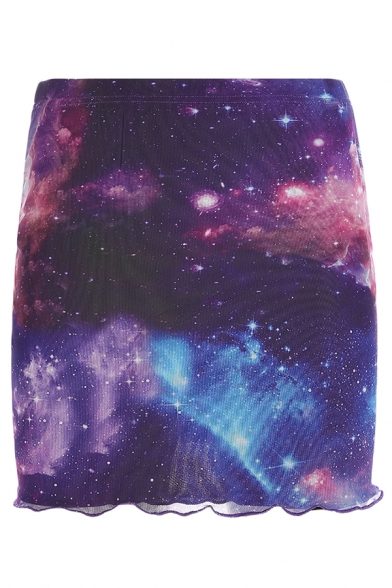 Stylish Fancy Girls' Elastic Waist Starry Sky Print Double Layer Stringy Selvedge Tight Mini Skirt in Purple