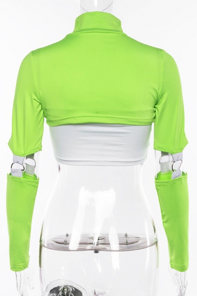Stylish Girls' Long Sleeve High Neck Buckle Hollow Out Neon Crop Top
