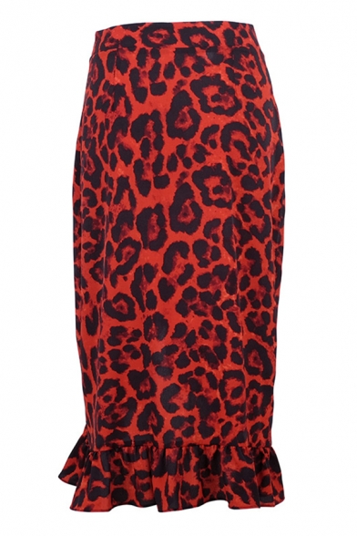Stylish Gorgeous Girls Mid Rise Leopard Patterned Ruffled Trim Slit Front Midi Wrap Fishtail Skirt in Red