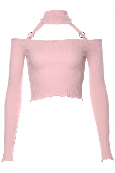 Sweet Plain Ladies' Long Sleeve Choker Neck O-Ring Embellished Cut Out Knit Stringy Selvedge Crop T-Shirt