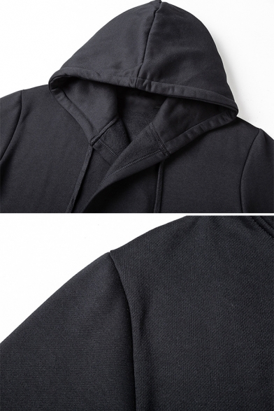 Unique Drawstring Waist Long Sleeve Open Front Solid Color Black Loose Pullover Hoodie