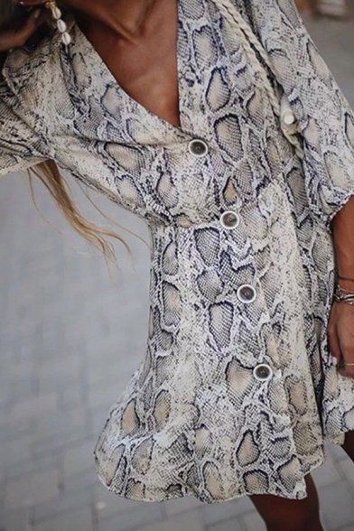 White Fashion Ladies' Blouson Sleeve V-Neck Snake Print Button Down Mini A-Line Dress