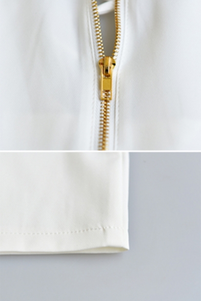 White Formal Elegant Ladies' Long Sleeve Deep V-Neck Lace Up Front Zip Back Pocket Mini Fitted Work Dress