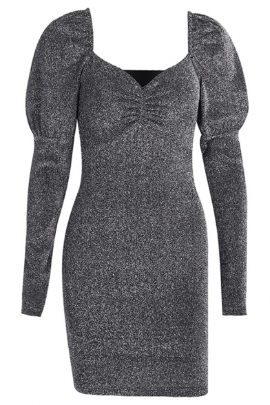 Womens Black Glitter Fashion Sweetheart Neck Ruched Detail Long Sleeve Mini Cocktail Dress