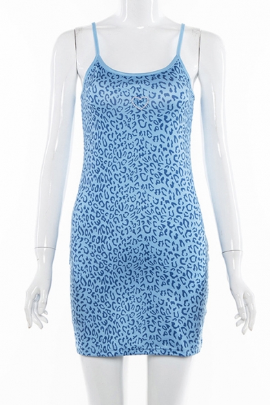 Womens Blue Chic Heart Leopard Printed Scoop Neck Sexy Night Club Mini Cami Dress