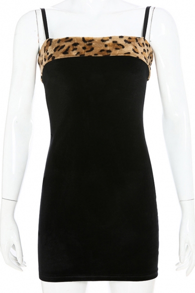 Womens Chic Leopard Panel Spaghetti Straps Black Mini Fitted Cami Dress
