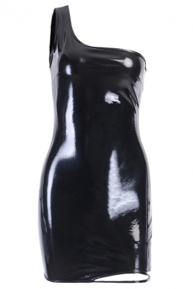 Womens Cool Plain Black PU Metallic One-Shoulder Style Cutout Mini Bodycon Dress for Club