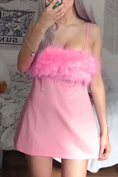 Womens Exclusive Plain Faux Fur Patchwork Sleeveless Mini A-Line Strap Dress for Party