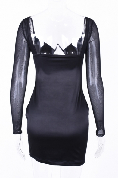 Womens Fashionable Plain Black Hollow Out Detail Mesh Panel Long Sleeve Sexy Mini Fitted Dress