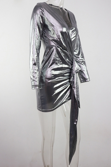Womens Fashionable Plain Surplice V-Neck Long Sleeve Ruched Detail Mini Nightclub Dress