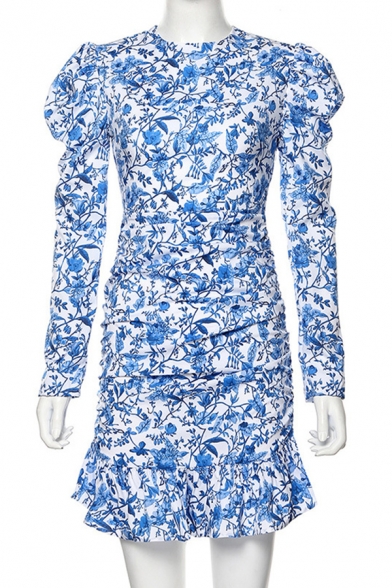 Womens Popular Floral Printed Puff Long Sleeve Backless Ruffle Hem Casual Blue Mini Holiday Dress