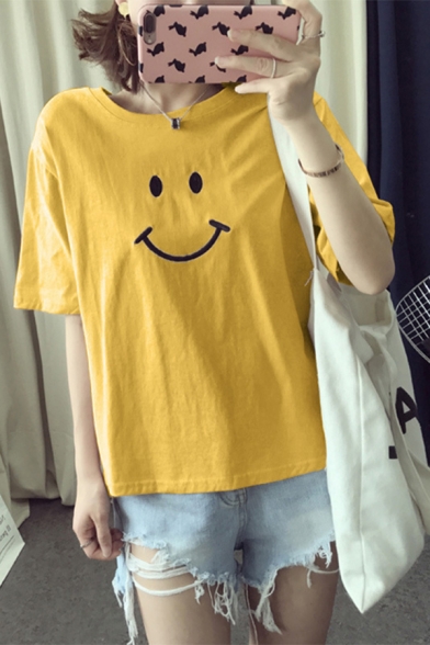 Womens Popular Smile Face Print Short Sleeve Crew Neck Oversized Summer T-Shirt