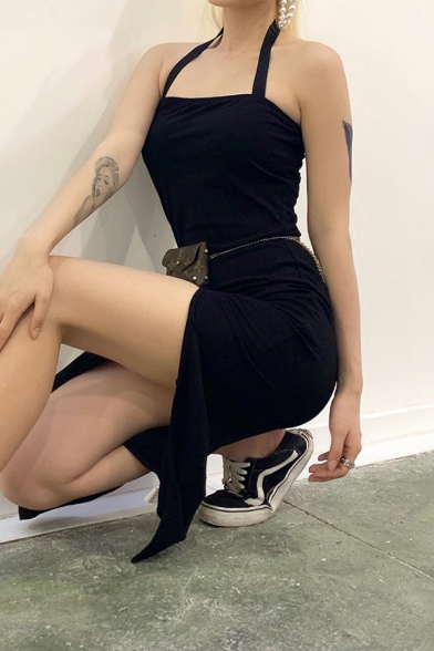 Womens Sexy Plain Black Halter Neck Split Front Slim Fit Maxi Party Dress