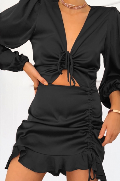 Womens Solid Color Lantern Sleeve V Neck Drawstring Ruched Cut Out Front Ruffle Hem Mini Sexy Nightclub Dress