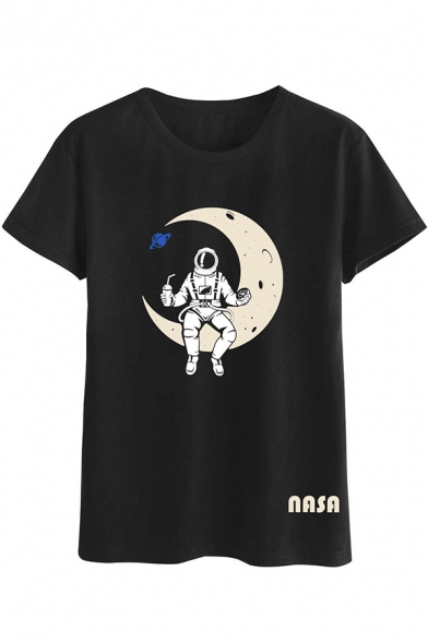 Womens Stylish Astronaut and Moon Pattern Crewneck Short Sleeve Loose T-Shirt