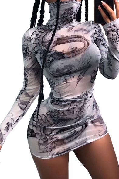 Womens Stylish Dragon Printed Long Sleeve High Collar Slim Fit Casual White Mini Tulle Dress